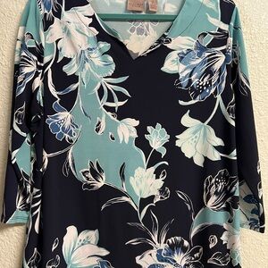 Chicos Blue and White V-Neck Floral Blouse Size L